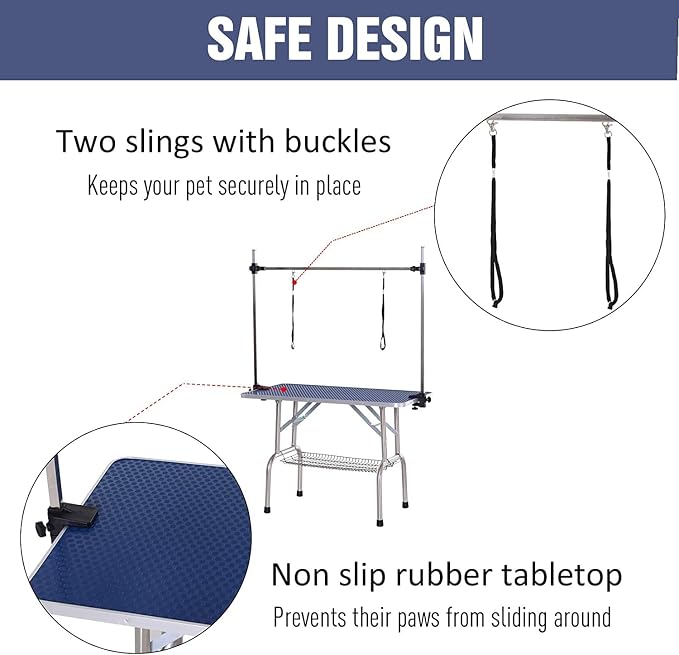 Pet Dog Grooming Table, Foldable Stainless Steel Pet Drying Grooming Table Up to 330lbs, Professional Bathing Desk for Dogs at Home with Adjustable Overhead Arms, Noose, Mesh Tray, 42''/Blue
