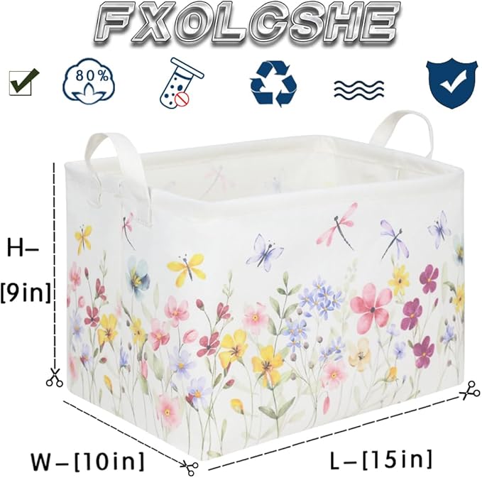 Boho Flower Nursery Basket,Waterproof collapsible storage box,Fall Wildflower Floral Dandelion Storage Bin,Plant Butterfly baby girl gift basket,Girls Bedroom Boho Flower Decor(Dandelion)