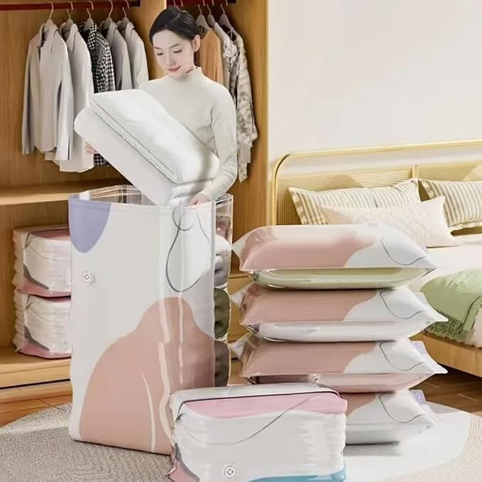 Vacuum Storage Bags No Pump Needed, Heavy Duty Thickened Compression Bags for Closet Dorm Room Moving, Upright Standing Cube Design Large & Medium 2/4 Pack (#ML-4)