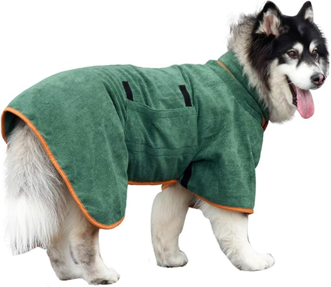 Dog Drying Coat Bathrobe Towel, Microfibre Material Fast Drying Super Absorbent Dog Bath Robe, Pet Quick Drying Moisture Absorbing with Adjustable Collar and Waist Green