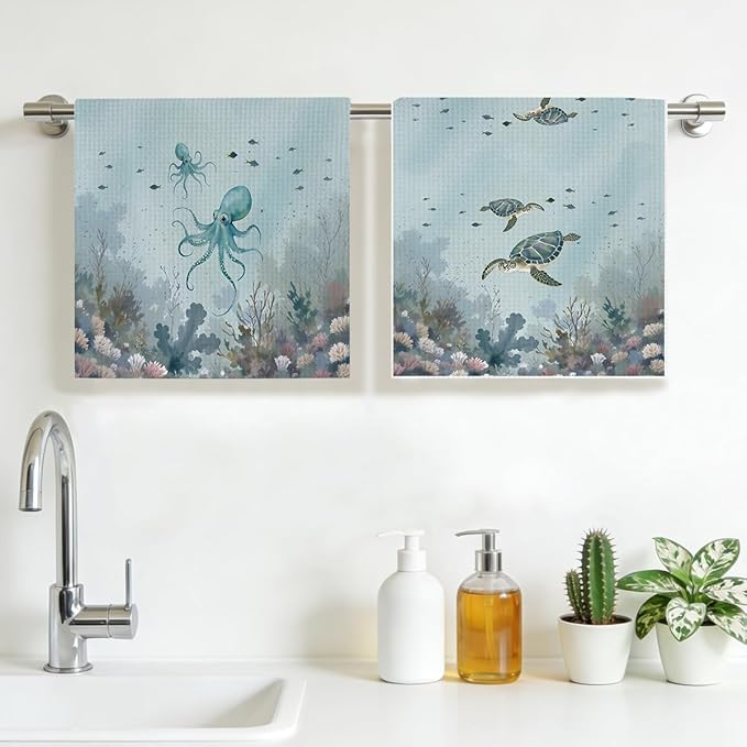 2PCS Vintage Octopus Sea Turtle Kitchen Towels 14x24 Inch, Absorbent Microfiber Decorative Dish Cloth Tea Towel, Ocean Theme Waffle Hand Towels for Kitchen Home Bathroom, Housewarming Gifts for Women