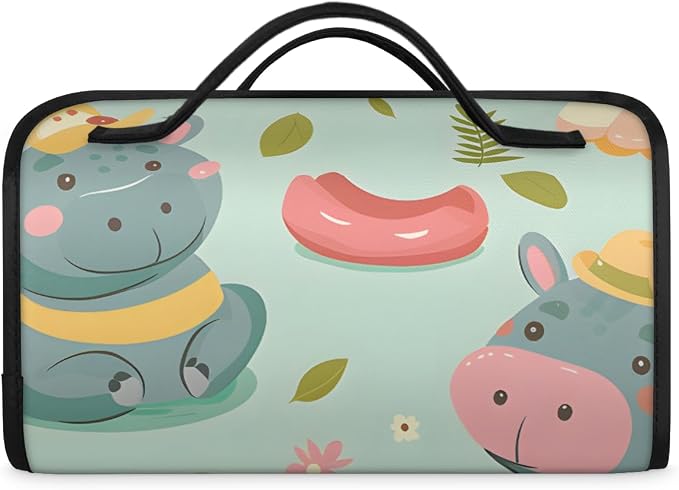 Hippopotamus Makeup Bag for Women Hanging Roll-Up Travel Organizer Toiletry Kit with 4 Removable Compartments, Tropical Theme