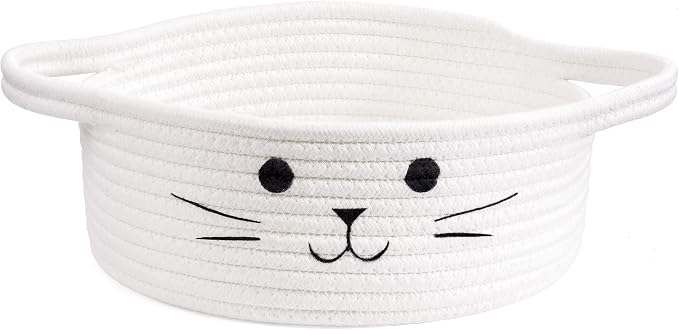 Small Woven Rope Cat Toy Basket with Cat Face Design, White | 9.8" x 4" Cute Toy Storage Bin for Living Room & Nursery, Pet Gift Basket Empty with Sturdy Handles