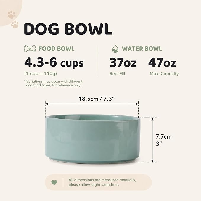 Havniva Ceramic Dog Bowls, Dog Food and Water Bowl Set, Dog Water Bowl | 7.3” Ceramic Dog Food Bowls with Non-Slip Rubber Base, Large Capacity, Dog Feeding Bowls for Medium Dogs