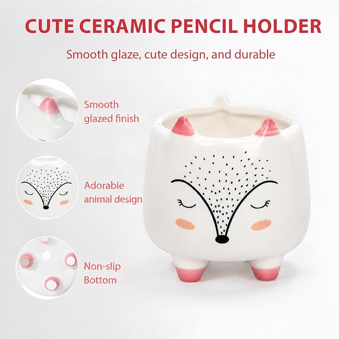 Ceramic Fox Shaped Pen Pencil Holder for Desk Decoration Accessories Fox Decor Makeup Brush Pen Cups Office School Ideal Gifts for Women, Mom or Birthdays