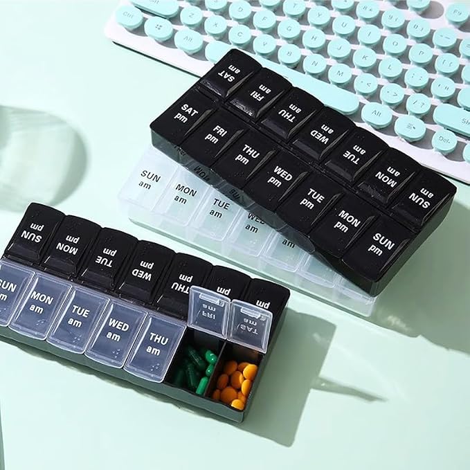 Travel Pill Organizer, Small Pill Case Holder Daily Medicine Box | Black 14 Compartment Container for Vitamin Supplement Pocket Pharmacy, Medicine Dispenser Purse Cute Tablet Meds Capsule