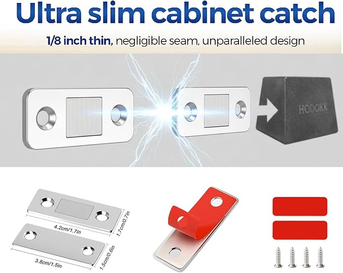 6 Pack Heavy Duty Cabinet Magnets - Ultra Thin Stick On Magnetic Door Catch, No Drill Stainless Steel Latch for Kitchen Drawer & Closet