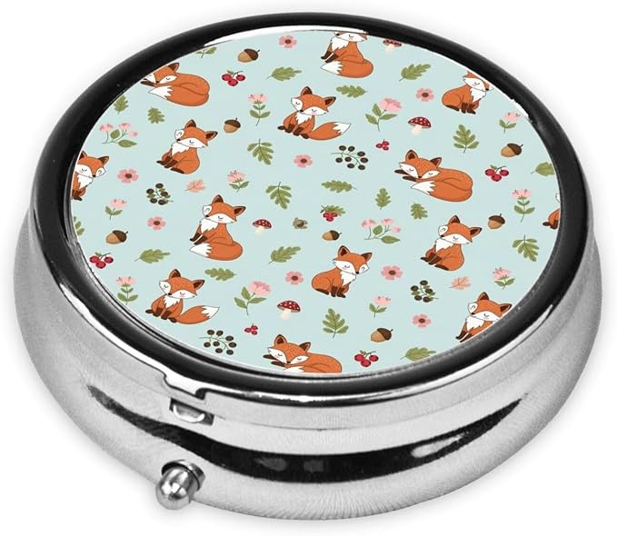 Travel Pill Organizer, Small Round Case with Mirror, Portable Pill Box for Fish Oil Vitamins, Pocket Purse Carry for Commuters, Floral Flowers Mushroom Foxes