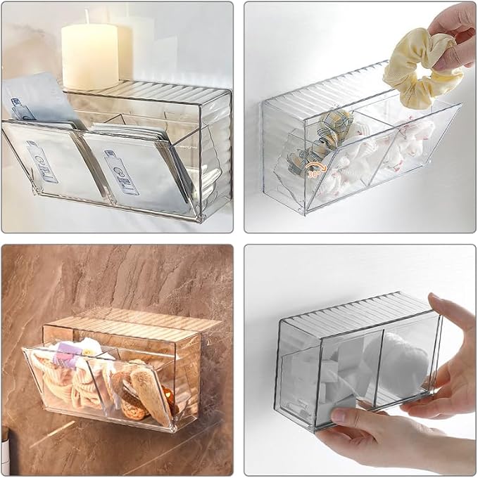 ULTECHNOVO Wall Mounted Cotton Swab Dispenser Transparent Pet | Wall Storage Organizer Box with Lid Wall Mounted Storage Box for Cotton Balls Pads Hair Ties Bathroom and Office