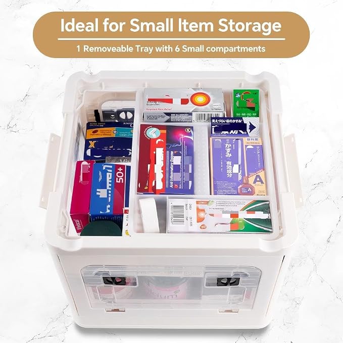 HEY FOLY 22qt Medicine Organizer Storage Box with 4-Side Opening Doors, White Foldable Medication Organizer Empty, Container Case Stackable First Aid Box for Home Storage