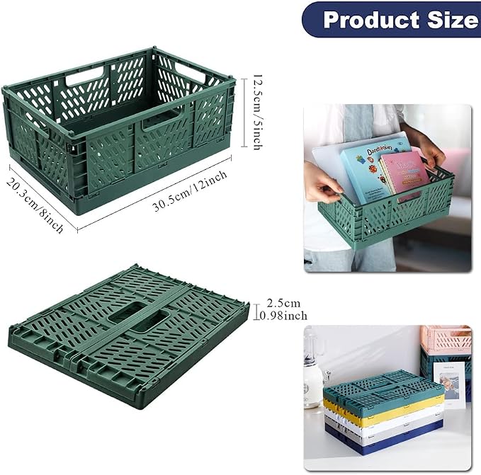 Plastic Collapsible Crate Folding Storage Basket with Handle for Shelves Home Kitchen Classroom and Office Vanity Bathroom Organization Drawer Clapboard Partition (Gray-2pack)