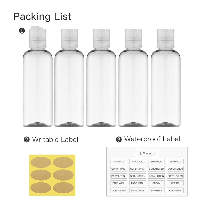 Travel Bottles for Toiletries, 3.4 oz Travel Size Containers, 5pcs, Clear | Squeezable empty plastic bottles, TSA approved, leak proof, with labels, for liquids & shampoo lotion, gym essentials