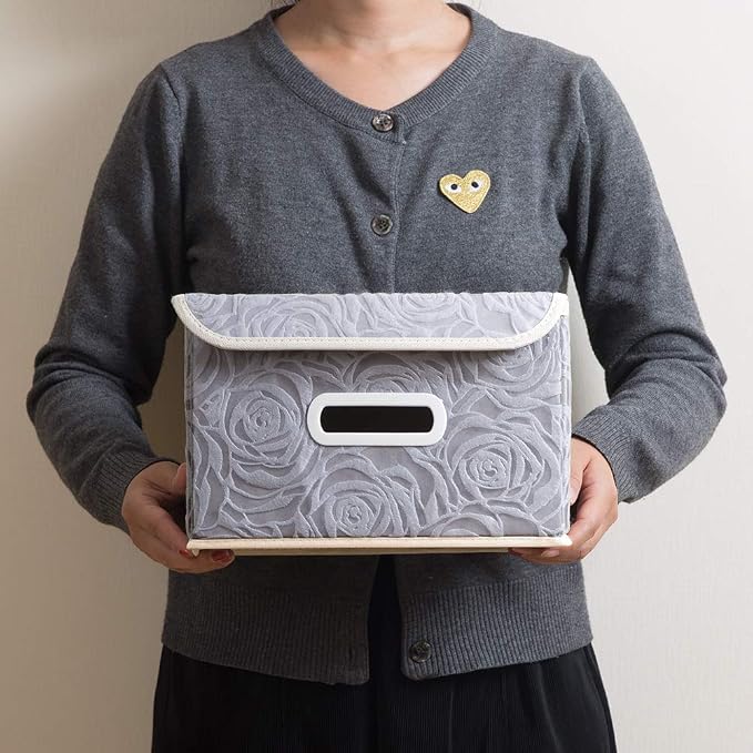 Stackable Storage Boxes with Lids [5-Pack] Fabric Decorative Storage Bins Cubes Organizer Containers Baskets with Cover Handles Divider for Bedroom Closet Living Room Grey 9.8x7.9x6.7 Inch