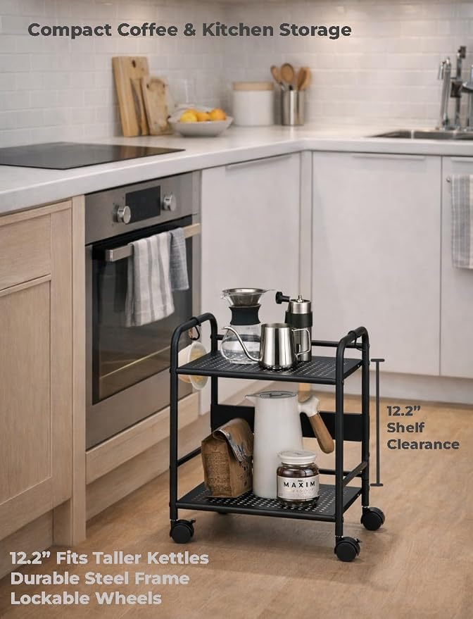 2-Tier Metal Rolling Cart, Compact Under Desk Storage Organizer | 12.2" clearance fits binders and tall bottles, compact mobile shelf with anti-drop guard for home or office. Black.