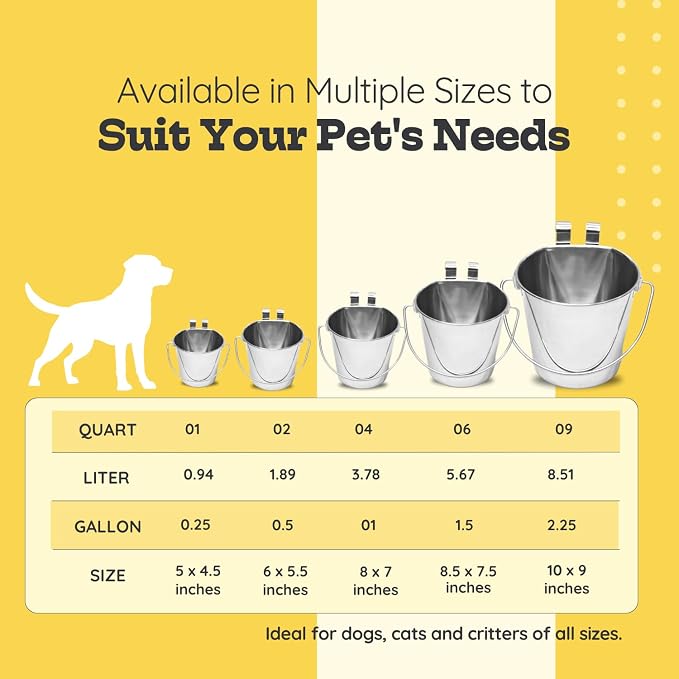 Stainless Steel Flat Side Bucket with Dual Hooks 2 Quart (0.5Gallon)– Heavy Duty Hanging Dog Water & Food Bowl Kennel, Cage & Crate, Durable Pet Pail for Dogs, Cats, Birds & Small Animals