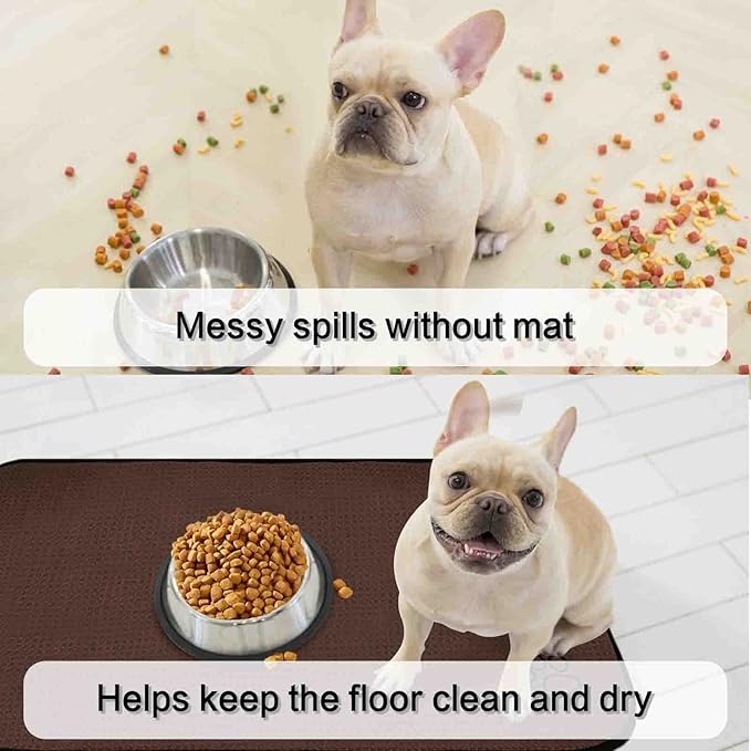 SINLAND Microfiber Extra-Large Pet Food Mat Dish Drying Mat Dog Feeding Mats Pet Bowl Mat with Anti-Skid Backing 21 Inch x 32 Inch Brown