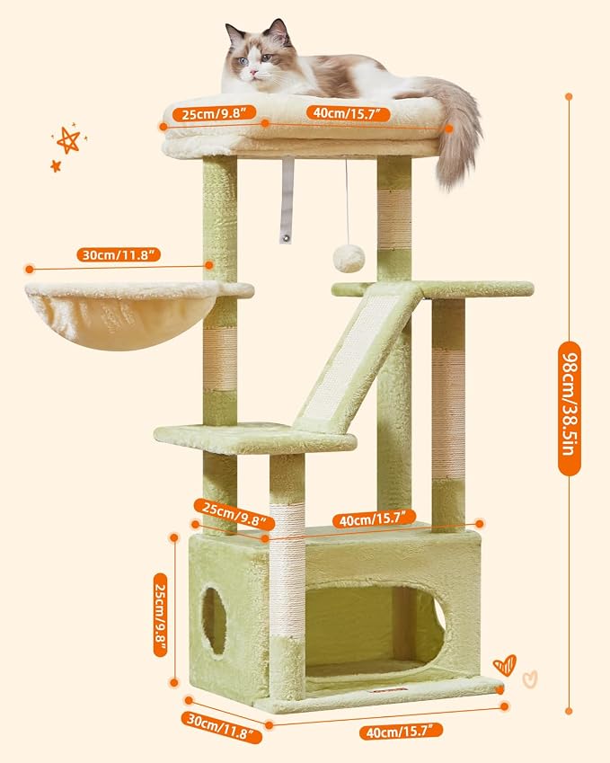 Taoqimiao Cat Tree, 38.5In Cat Tower for Indoor Cats, Suitable for Kittens | Thick Padded Top Perch, Luxurious Cat Condo, Adjustable Basket, 1-Piece Ramp Scratcher, 3 Sisal Posts, Green & Beige MS029SGB