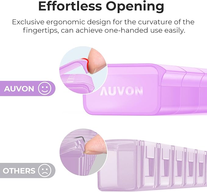 AUVON Weekly Pill Organizer with Effortless Opening Design, BPA-Free | Arthritis Friendly Pill Box, Cute Pill Organizer 7 Day, Portable Pill Case for Vitamins, Supplements and Medications, Purple