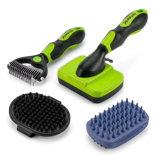 PETIMP STORE 4PCS Self Cleaning Slicker Brush, Pet Grooming Rake, Bath Brush & Massage Brush for Short/Long Haired Dogs, Cats & Horses, Pet Grooming Deshedding Tools - Pet Supplies (Green Black)