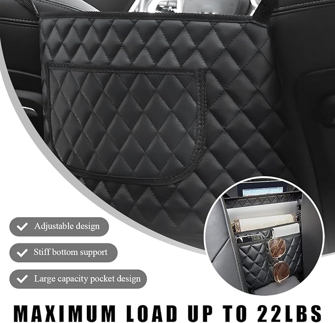 Car Purse Holder Between Seats, Leather Handbag Organizer Large Capacity Pocket for Console Front Seats, Universal Vehicle Interior Storage Bag Backseat Barrier for Kids Pet
