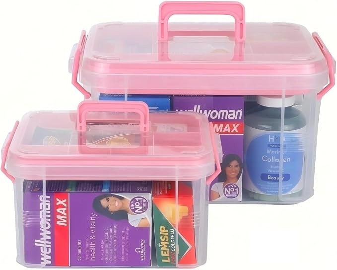 HEY FOLY Set of 2 Pink Medicine Organizer Storage Box with Tray, 15qt+5qt Plastic First Aid Box Empty, Thickened Medicine Container Chest, Multipurpose Medical Case with Labels, Clear Medicine Caddy