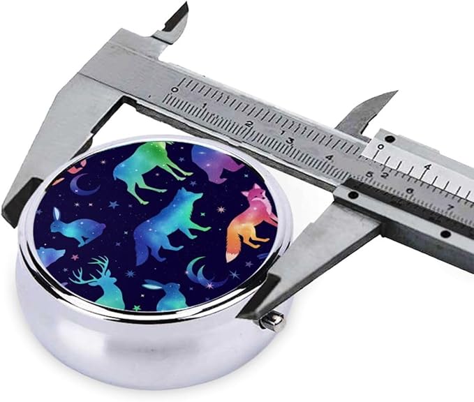 Travel Pill Dispenser, Round Small Organizer, Metal Case for Medicine, Pocket Purse Container for Camping Trips, Space Galaxy Deer Bear Moose Fox Wolf Wild Animals