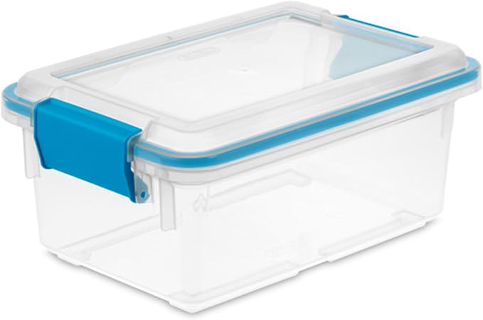Sterilite Gasket Storage Box with Lids for Home & Office, 7.5 Quart, 6-Pack | Heavy-Duty, Stackable, and Organizing Containers for Bathroom, Cabinet, Closet, and Garage, Clear and Blue Aquarium Latches