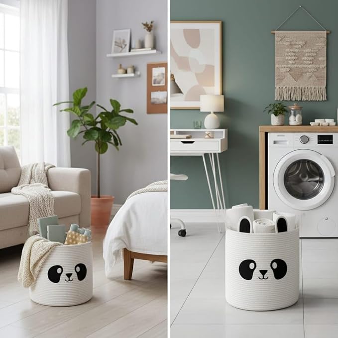 Storage Basket, 14” x 12” Woven Cotton Rope Bin with Panda Design, Cutout Handles, Foldable & Washable Decorative Home Storage Organizer for Laundry, Clothes & Household Items (Panda)