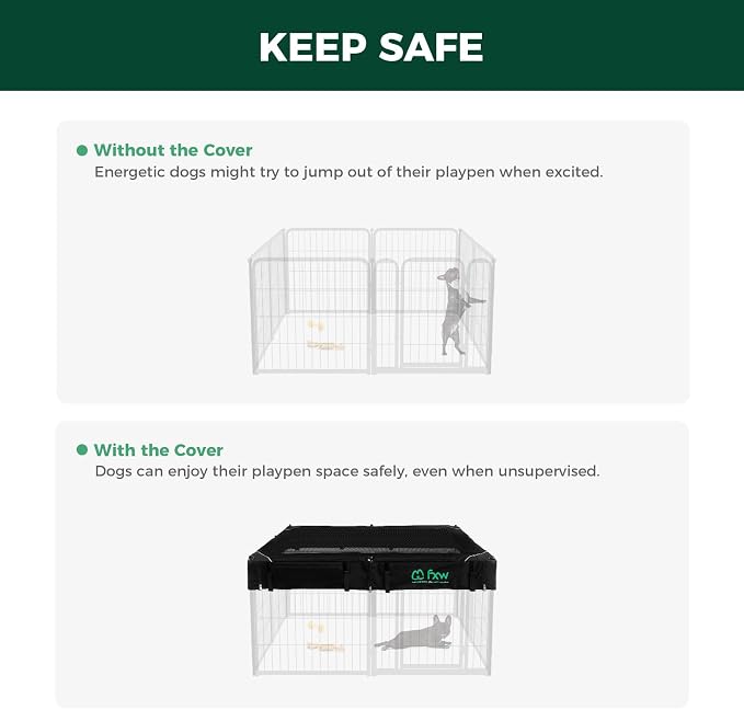 FXW Homeplus Indoor Dog Playpen with Mesh Top Cover, 24" H, 8 Panels | Calm Indoor Play Area, Cover Helps Deter Jump-Outs, for Puppies & Small Dogs, Patented