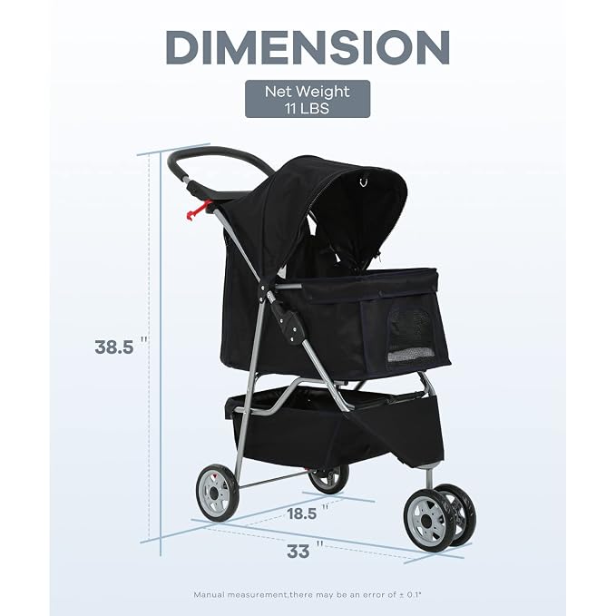 HCY Dog Stroller, Pet Stroller Wheels Carrier Strolling Cart Travel Folding Cart for Puppy Small-Medium Dog, Cat (Black), 18.5 x 33 x 38.5 (inch)