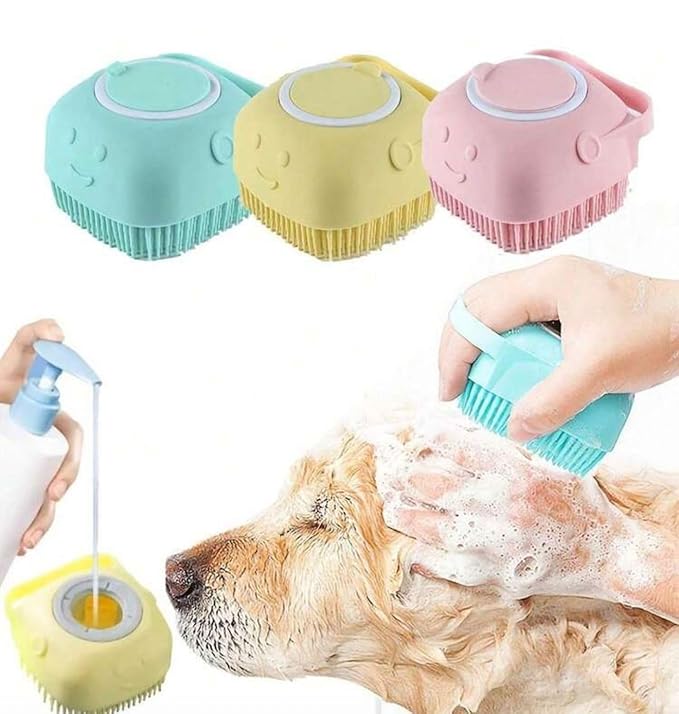 Dog Bath Brush with Shampoo Dispenser – Soft Silicone Pet Massage Scrubber for Short & Long Haired Dogs & Cats – Shedding & Grooming Brush for Deep Cleaning – Stress-Free Pet Bathing Supplies (Pink)