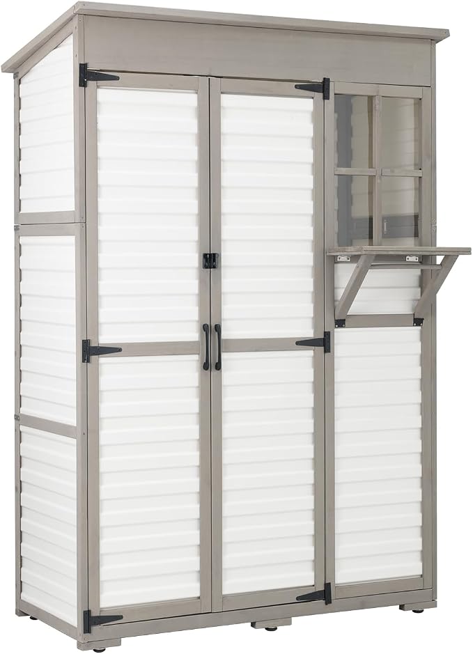 Ketive Outdoor Storage Cabinet, Fold-Down Shelf, 3 Shelves, 6 Hooks | Fir wood frame, textured plastic panels, and a sloped roof for patios, porches, gardens, and sheltered outdoor areas.