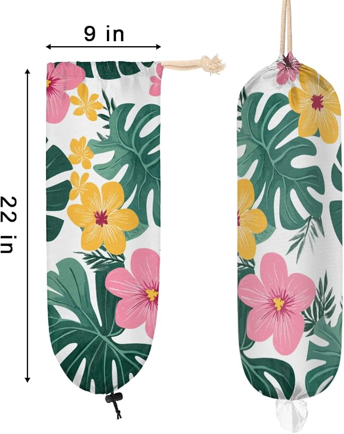 Wild Palm Leaves Plastic Bag Holder Tropical Floral Grocery Bag Storage Dispenser Washable Hanging Shopping Bags Carrier Reusable Wall Mount Trash Bag Organizer for Kitchen Pantry