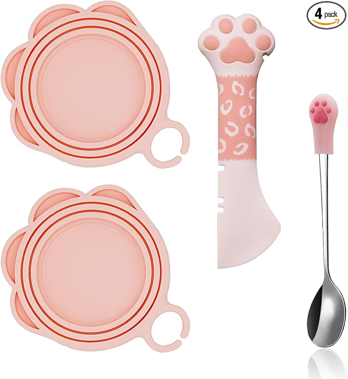 SJANE 4 Pcs Cat Food Can Spoon & Can Covers | Cute Paw Silicone Pet Food Opener Spatula & Lids | Stainless Steel Wet Food Spoon for Cats and Dogs(Pink)
