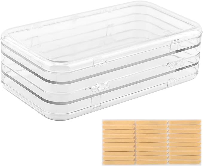 Tri-Fold Press on Nail Storage Box, Clear Organizer with Adhesive Tape | 4-Page design with 30 double sided tape sheets, PET plastic, travel portable case for fake nail art storage display
