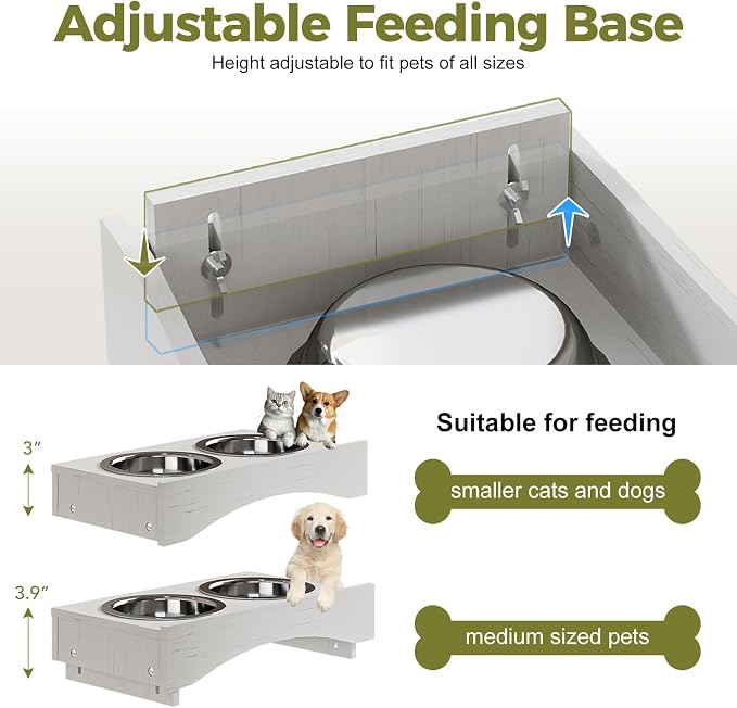 White 38.4" H Dog Feeding Station with Storage | Pet Food Storage Cabinet with 2 Elevated Bowls,Hooks,Hidden Dog Feeding Organizer for Cats and Dogs