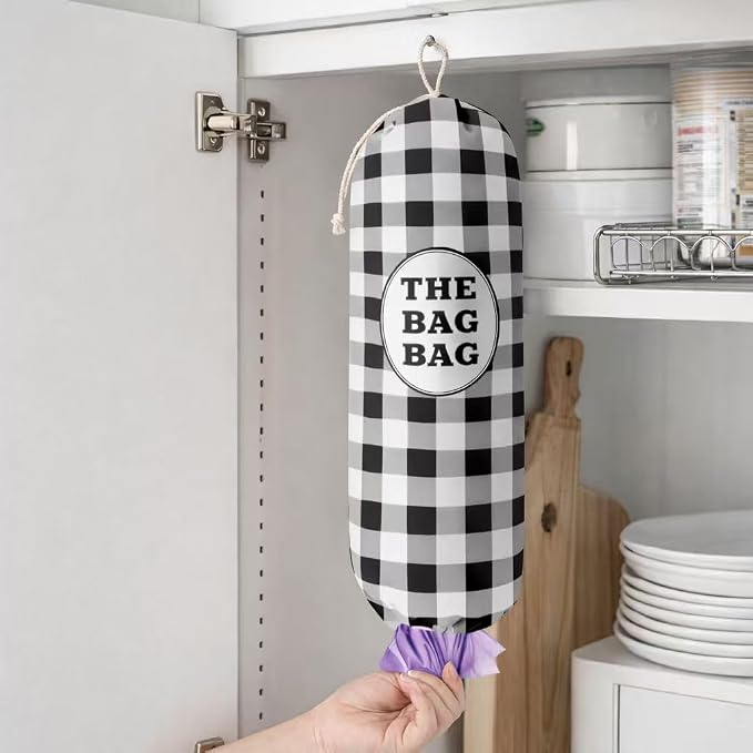 THE BAG BAG Plastic Bag Holder, Black and White Buffalo Check Plaid Grocery Bag Dispenser, Hanging Trash Bag Storage Organizer for Kitchen, Laundry Room, Pantry, Farmhouse Decor, Gifts For Grandma Mom