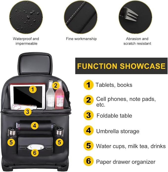 Premium PU Leather Backseat Seat Organizer with Foldable Table, Multi-Storage Pockets and Adjustable Buckle Strap for Automobiles