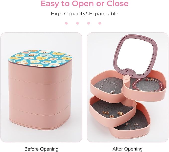 Blue Drink Pets Rotating Jewelry Box Jewelry Organizer | ABS 4-Layer Rotating Jewelry Organizer with Mirror Portable Travel Jewelry Case Anti-slip Base for Women Desktop Gift