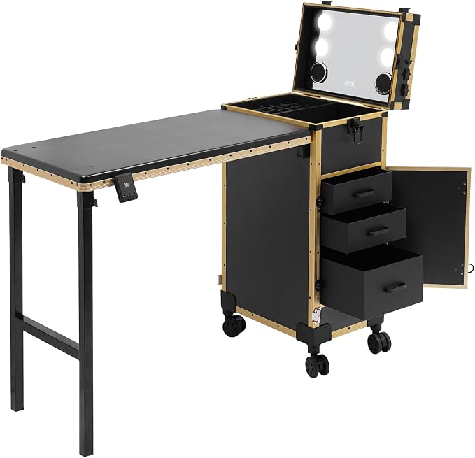 Professional Cosmetic Trolley Storage Organizer, Foldable Nail Tables Travel Cosmetic Trolley Storage Organizer w/ 4 Drawers Mirror & Speaker for Hair Stylists Pet Groomers Makeup Artists (Black Gold)