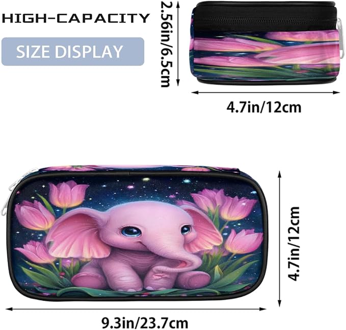 Starry Pink Elephant Tulips Pencil Case Pouch, Big Capacity Waterproof Pen Bag for Students Teens Adults, Large Storage Organizer for Stationery