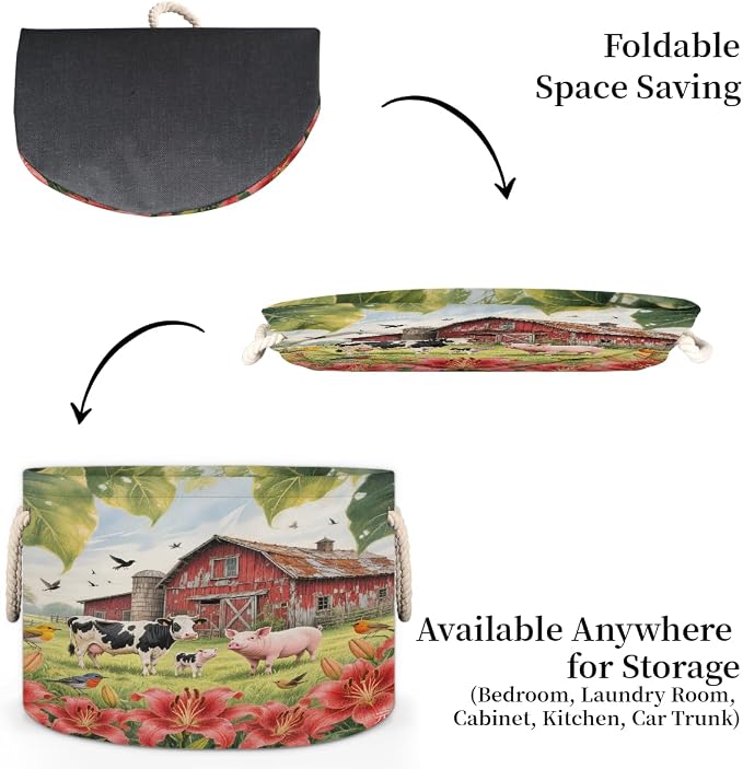Large Storage Baskets - Rustic Barn Farm Animal Nursery Organizer Bin Box with Handles Collapsible Round Laundry Hamper for Kids Toys Pet Blanket, Bedroom Living Room Home Decor Gift Basket