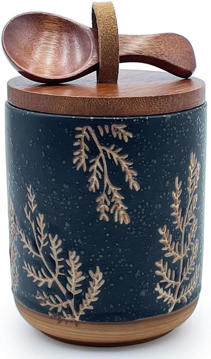 10oz Ceramic Airtight Food Storage Container with Wooden Spoon for Sugar,Matcha,Salt,Coffee,Spices,Cat Treat,Loose Leaf Tea(Black Botanical Fern Pattern)