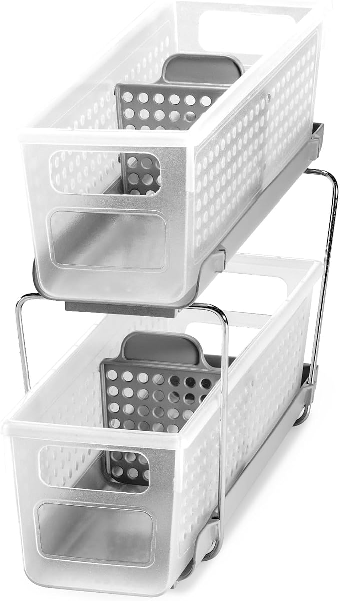 madesmart Compact Two Tier Organizer, Frost | pull out bins, adjustable dividers, tiered access, cleaning supplies, under sink use, pantry bottles, woman owned