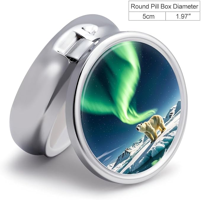 3 Compartment Medicine Pill Case, Northern Lights Polar Bear Round Pill Box, Portable Decorative Medicine Organizer for Pocket Or Purse Vitamin Organize