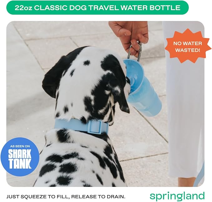 Springer Dog Water Bottle | Portable Travel Drinking Feeder Dispenser for Dogs & Puppies | As Seen on Shark Tank | Leak-Proof Bowl | BPA-Free | Outdoor Walking, Hiking & Travel | 22oz Blue