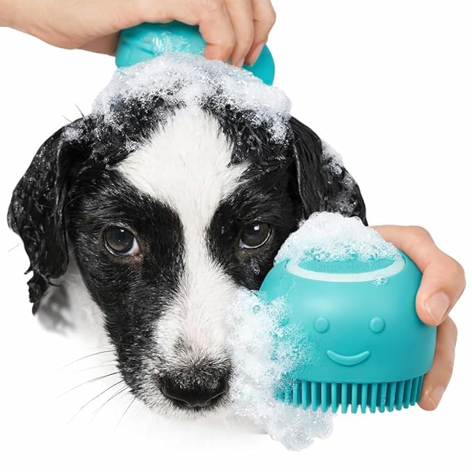 Dog Bath Brush with Shampoo Dispenser – Silicone Pet Grooming Scrubber for Dogs & Cats, Deep Clean + Massage, Easy-Grip Rubber Handle – Pet Shower Tool for Long & Short Hair