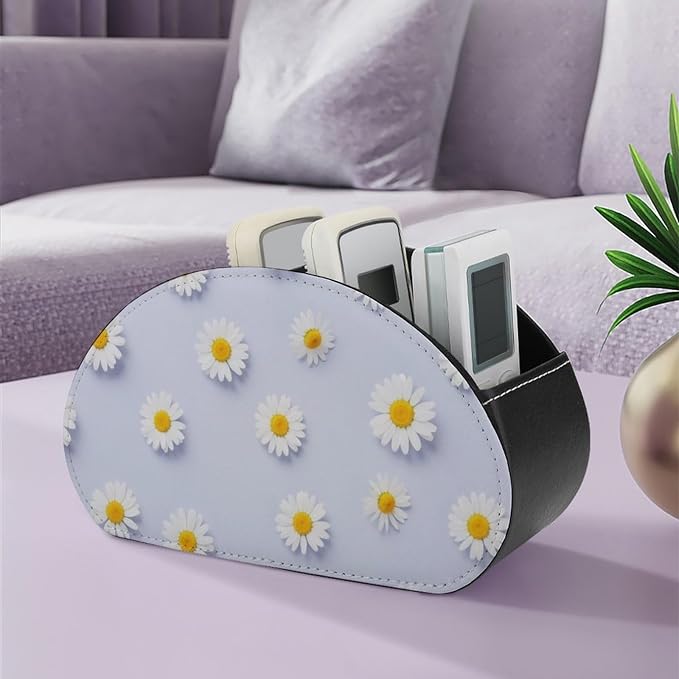 Pu Leather Remote Control Holder Box Daisy Flower Purple Desk Storage Caddy | with 5 Compartments, Daisy Flower Purple Office Supplies Table Decor for Media Player, Stationery, Makeup Brush