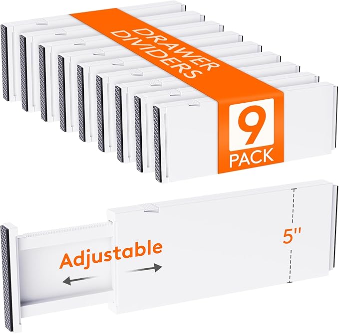 Lifewit 5" Tall Upgrade Drawer Dividers, Adjustable Deep Drawer Organizer | 13.5"-22" Expandable White Drawer Separator for Clothes, Dresser/Kitchen/Closet/Bedroom/Office Organization & Storage, 9 Pack