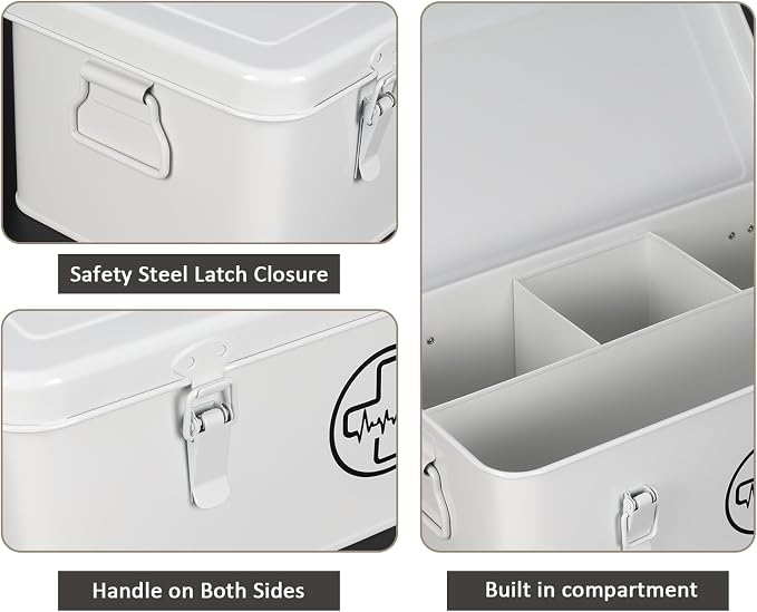 First Aid Box, First Aid Kit Supplies Bin, First Aid Organizer Medicine Storag Box, Metal Storage Box with Safety Lock for Home Emergency Tool Se - White